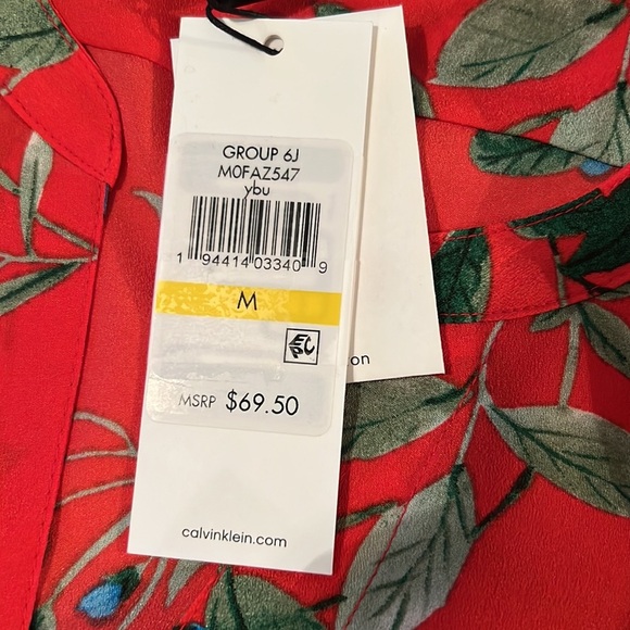 151. Calvin Klein Floral Print Roll Tab Sleeves Blouse in Vibrant Red, Size Med - Picture 10 of 14